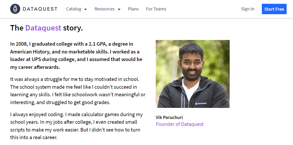 real-life examples of how to become a data scientist, Vik Paruchuri CEO and Founder of Dataquest