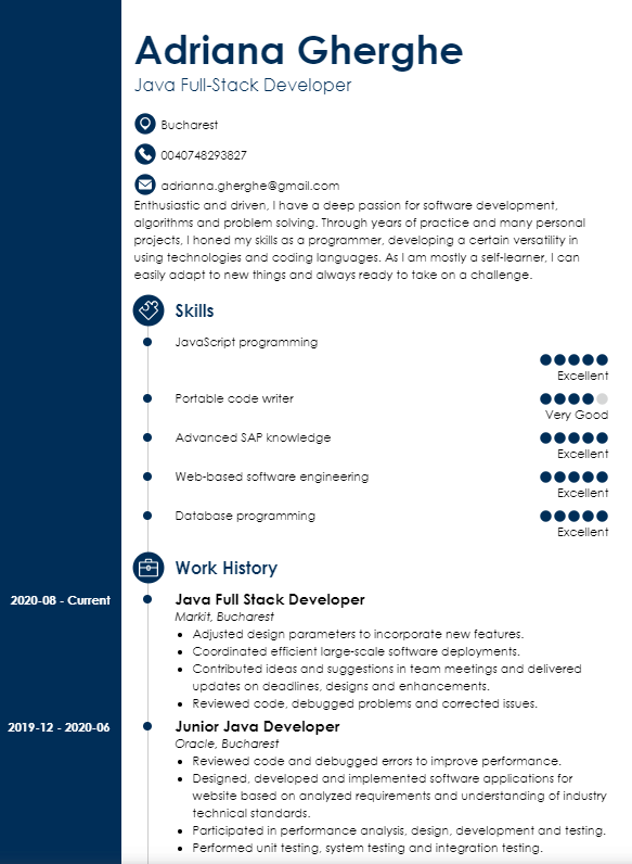 Java Full Stack Developer Resume sample