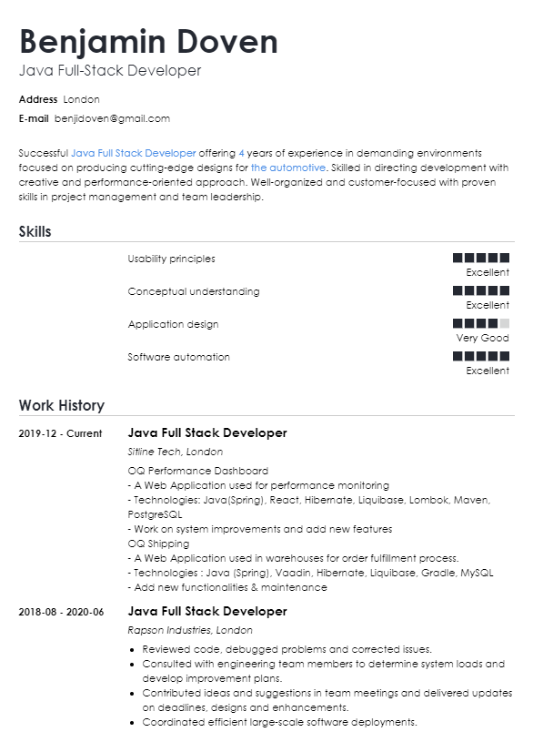 sample Java Full Stack Developer Resume
