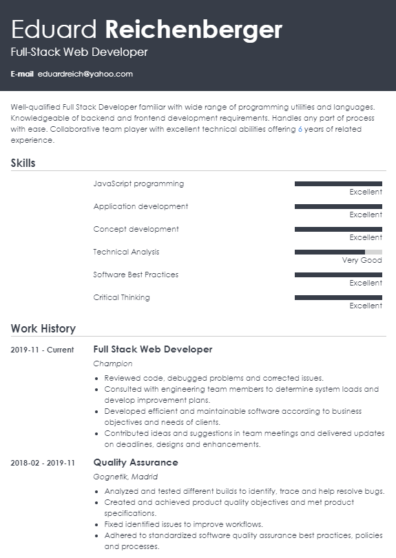 sample Senior Full Stack Developer Resume