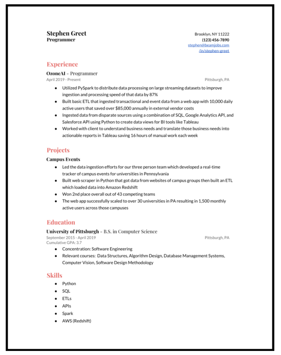 resume for entry level programming