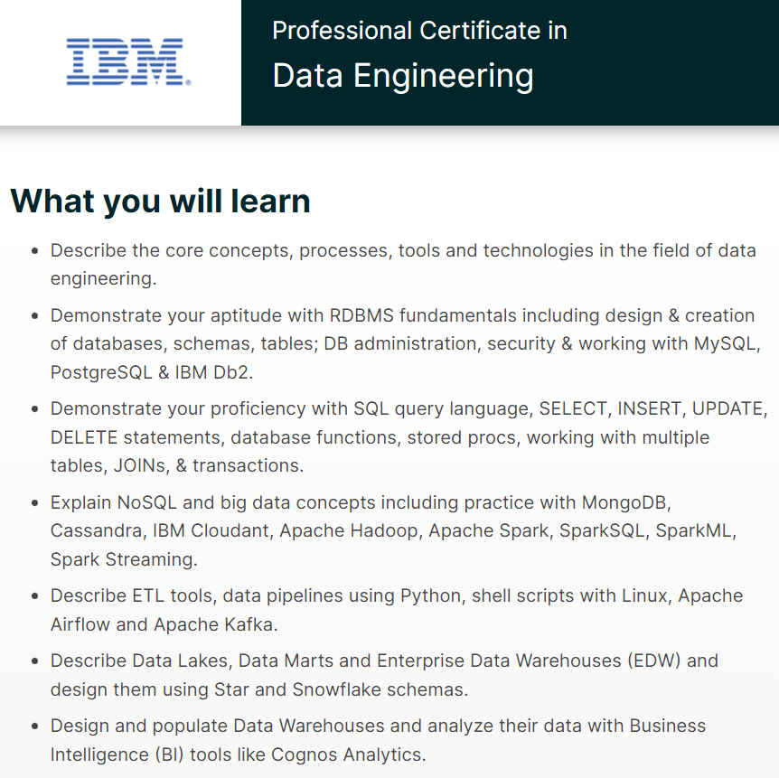 IBM Data Engineering Professional Certificate, best data engineering courses