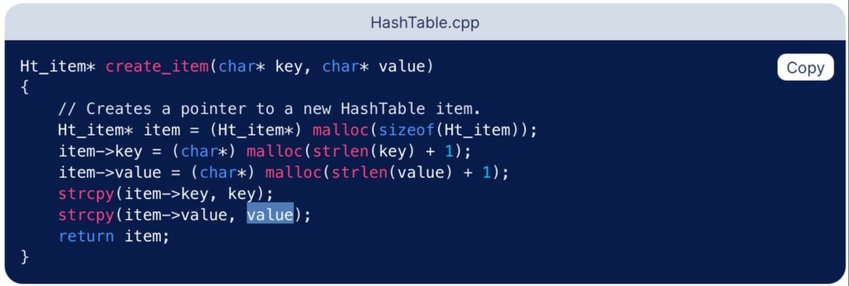 software engineering interview questions, example of code that you can use to create items in a hash table